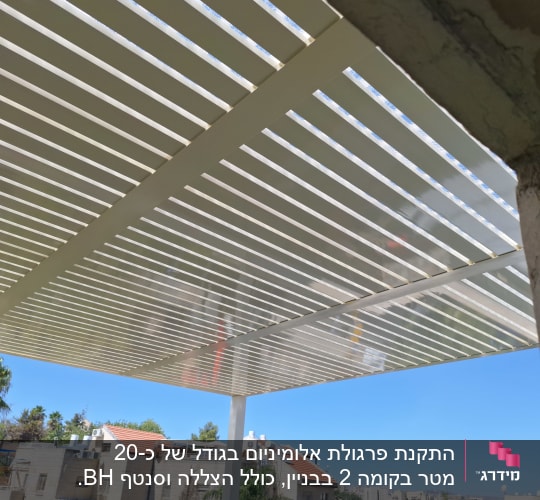 פרגולת אלומיניום לבנה במרפסת עם קירוי סנטף שקוף